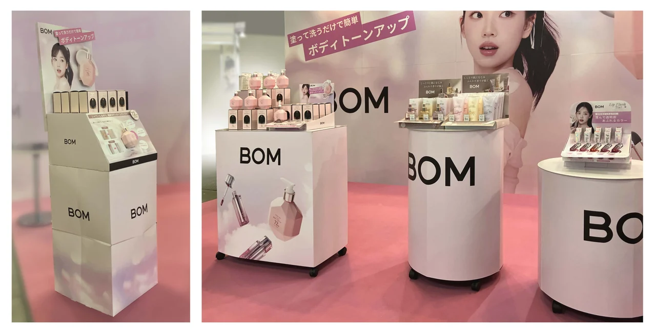 BOM様のフロア什器、角型什器、丸型展示台の陳列例